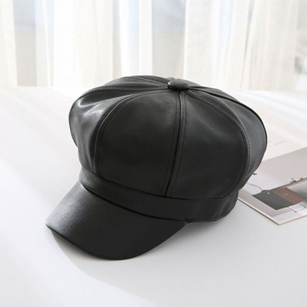 

men women pu leather beret cap painter hat solid color retro for autumn winter nfe99, Blue;gray