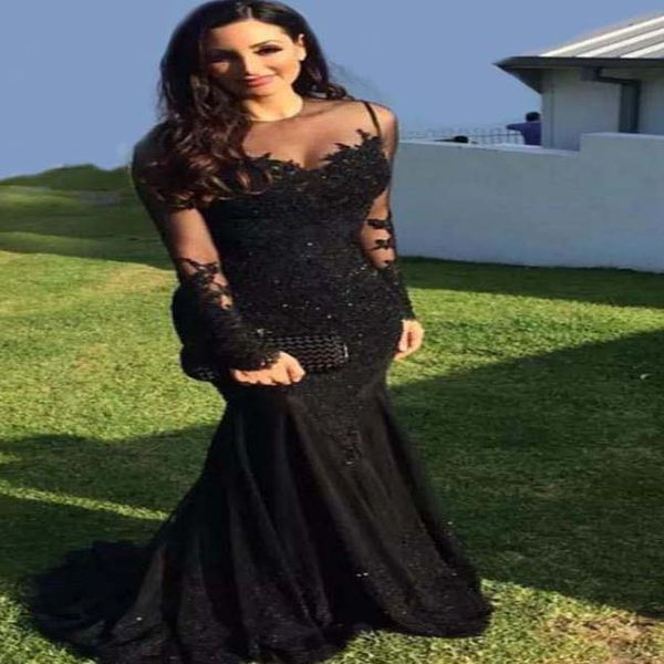 Schwarze Meerjungfrau, elegante, vollfigurige DuBai-Abendkleider mit langen Ärmeln Online-Shopping Sexy arabisches Partykleid mit Juwelenausschnitt und Applikationen