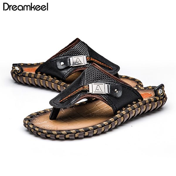 

men flip flops 2019 summer genuine leather men slippers beach shoes flat heels male slides luxury plus size 48 slippers y, Black