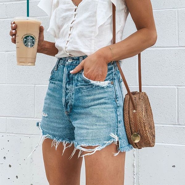 

women's jeans fashion pants summer loose button hole fringe shorts light blue retro street denim women plus size