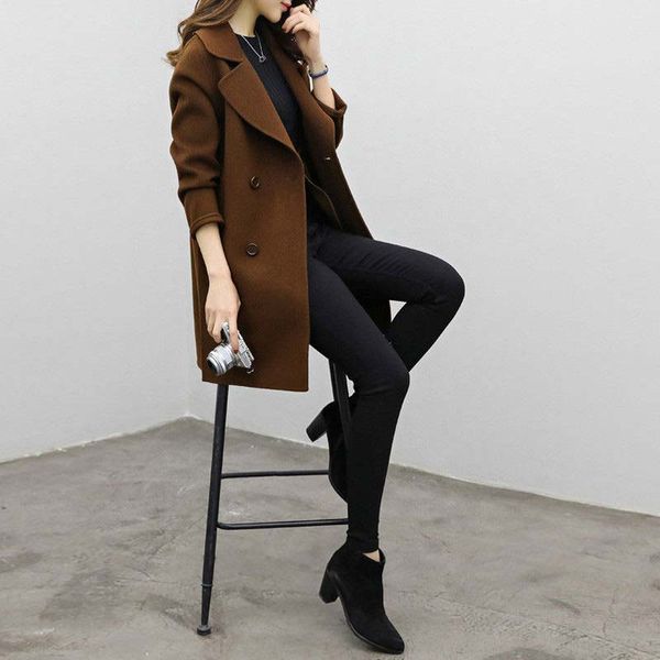 

women's wool & blends autumn winter women casual coats turn-down collar warm long sleeve slim lapel cardigan outwear js24, Black