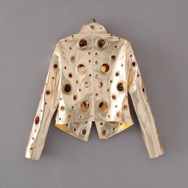 

spring personality pu round hole women jacket gold black silver color stand collar long sleeve coat leather clothing top, Black;brown