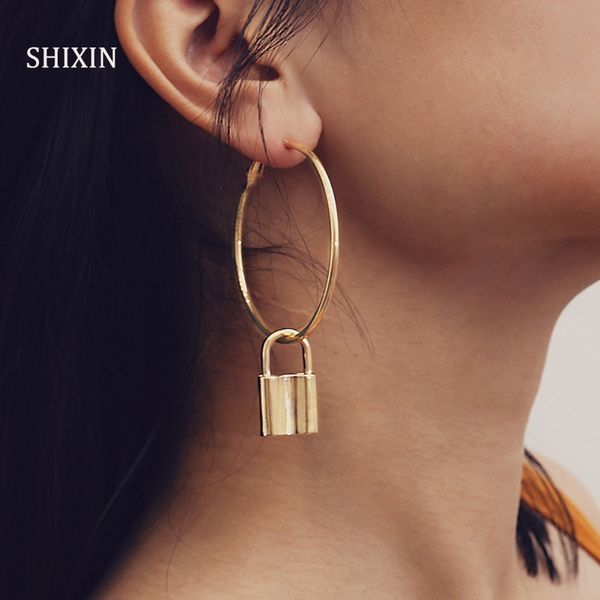 

shixin exaggerated luxury big hoop earring for women statement fashion jewelry luxury lock pendant circle round oorbellen female, Golden;silver