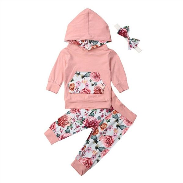 

new baby girl outfits hooded floral pants 3pcs clothes set tracksuit, White