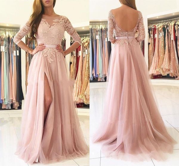 

new blush pink 3/4 long sleeves split long bridesmaids dresses sheer neck appliques lace maid of honor country wedding guest gowns cheap, White;pink