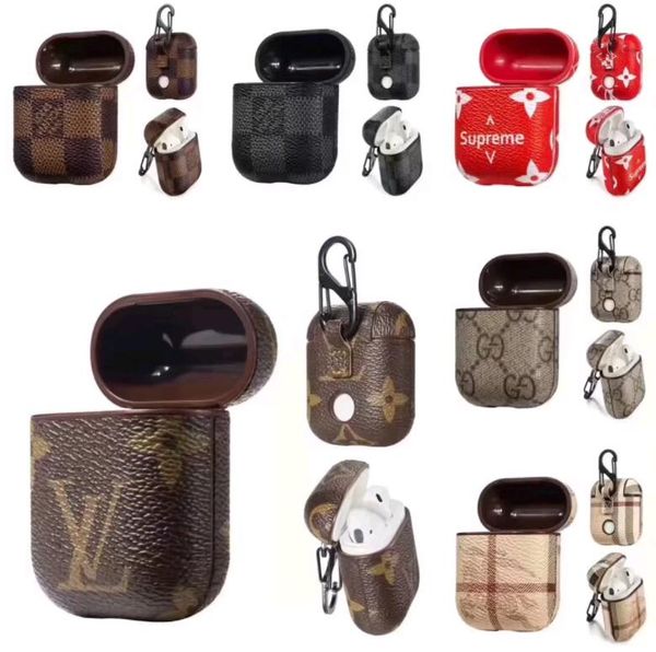 

New airpod ca e luxury pu leather protective cover hook cla p keychain anti lo t fa hion brand earphone ca e protector