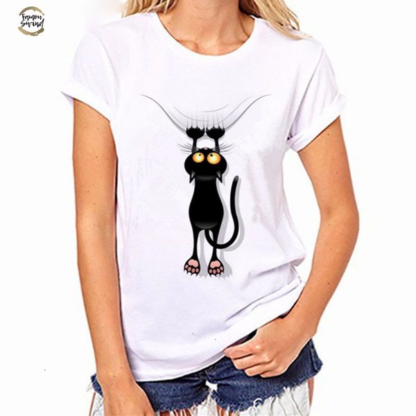 

fashion naughty black cat 3d t shirt women lovely print shirts 2020 casual short sleeve o neck tee womens t shirt, White