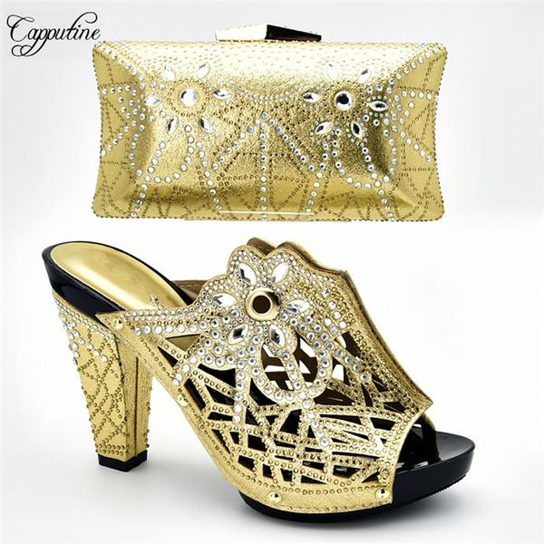 

popular gold with nice stones sandal party shoes matching with evening bag set for lady 388-1, heel height 11cm, Black