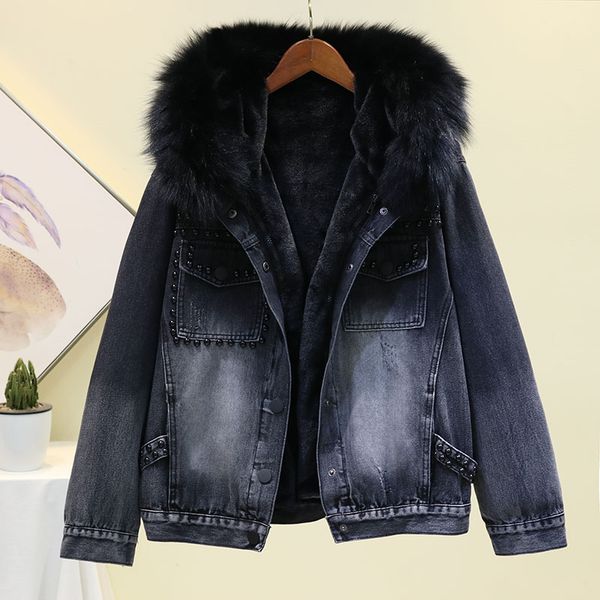 

winter new real fur collar detachable plus velvet thicken hooded denim jacket bf student rivet cotton padded coat female outwear, Black