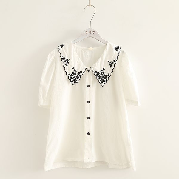 

2020 summer new retro flower embroidered cotton shirt women short loose shirt top, White