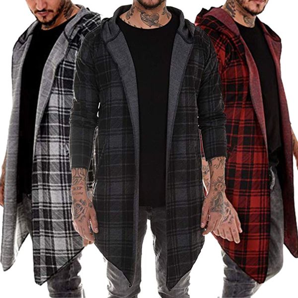 

stylish men hoodie warm hooded plaid coat jacket casual outwear overcoat, Tan;black