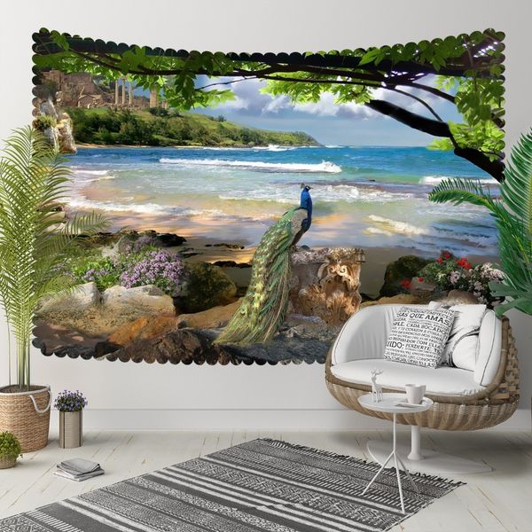 

else green trees blue sea side beach peacock bird 3d print decorative hippi bohemian wall hanging landscape tapestry wall art other home dec