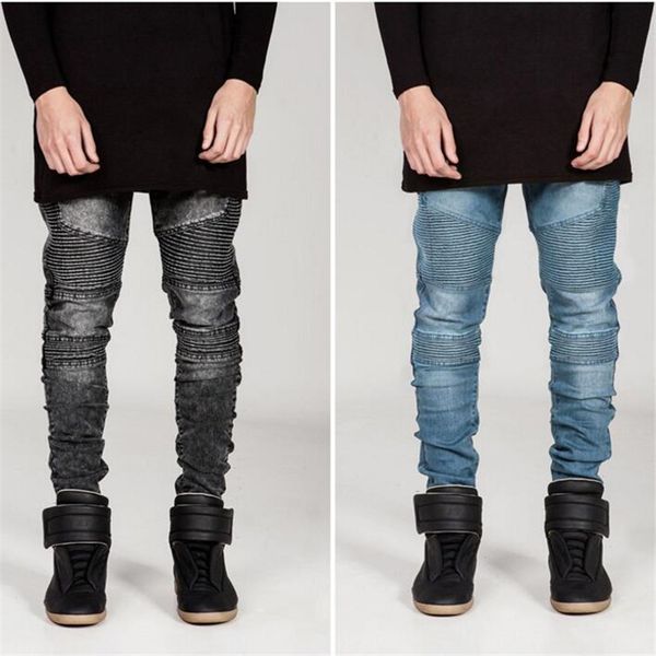 

mens skinny biker jeans men 2016 hi-street ripped rider denim jeans motorcycle runway slim fit washed moto denim pants joggers, Blue
