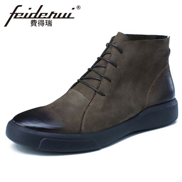 

new fashion genuine leather handmade men's flat platform ankle boots round toe laces high-man cowboy riding shoes hqs326, Black
