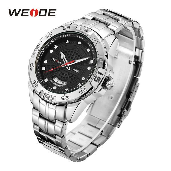 

weide men's sport solar energy date calendar analog digital silver stainless steel strap black dial wrist watch orologi da uomo, Slivery;brown
