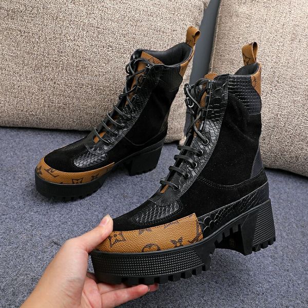 

high-end color matching lace-up martin boots 2020 thick bottom vintage heel breathable women's boots high heel women's short boots, Black