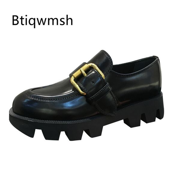 

2020 design platform shoes women round toe gold buckle gear thick bottom black real leather loafer shoe woman casual shoe