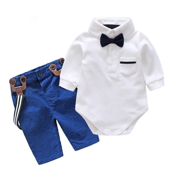 

spring autumn baby boys clothes set 100% cotton 2019 infant boy clothing bodysuit+belt pants+tie 3pcs kids boys clothes party, White
