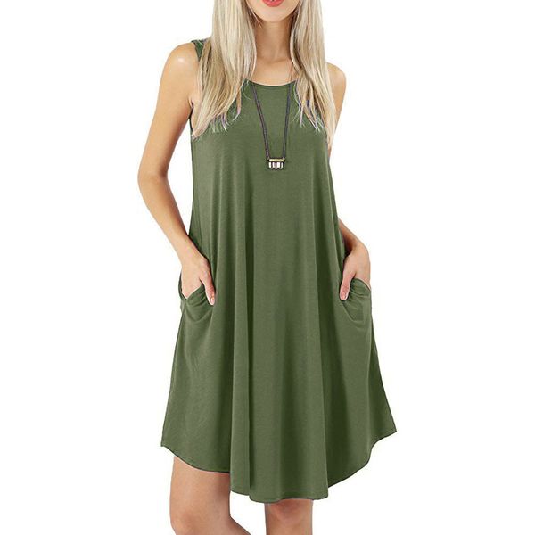 

vestidos verano 2019 women's sleeveless dress pockets casual swing t-shirt dress pleaseÂ checkÂ theÂ sukienka damska dames jurken, Black;gray