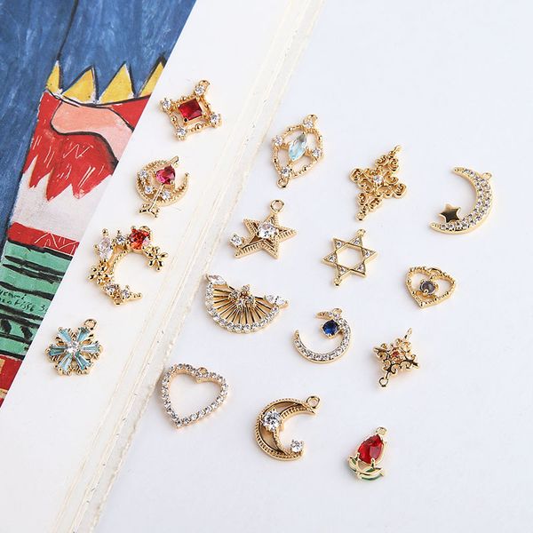 

diy accessories gold plated copper micro zircon heart five-pointed star moon cross ear stud pendant material, Blue;slivery