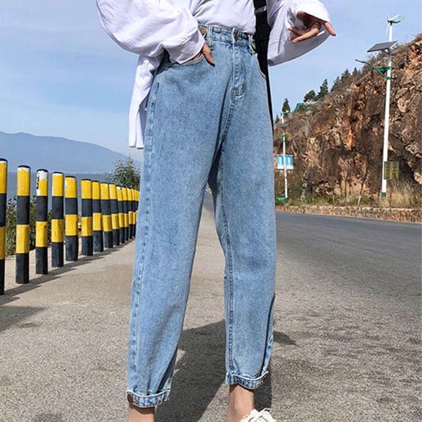 

women loose 2020 autumn high waist nine pants korean style was thin straight pants trousers jeans, Blue