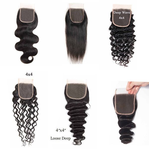 

9а бразильский прямо объемная волна закрытие волос кружева средней свободной части 4x4 необработанные глубокая вода волна девственница закры, Black