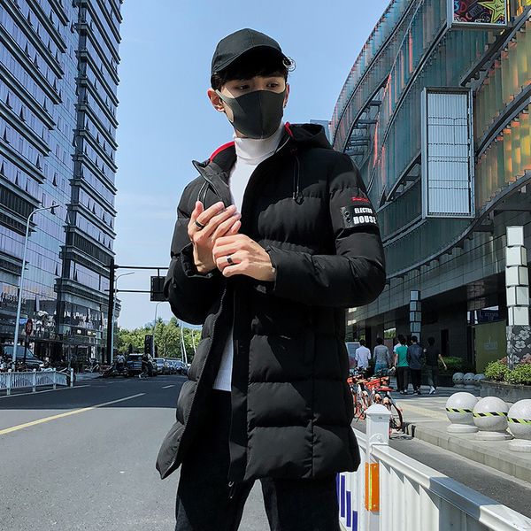 

men's youth thickening students long cotton pad students hooded winter warm jacket, Black