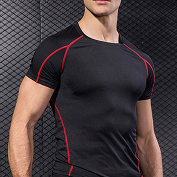 

men quick dry t-shirts running slim fitness sportswear men 's fitness gym t shirts muscle tee 2019, Black;blue