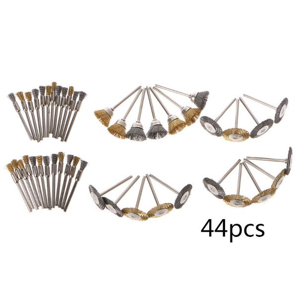

44 pieces mini wire brush wheel cup brass steel wire brush set 1/8inch (3mm) shank for power dremel rotary tools polishing tools