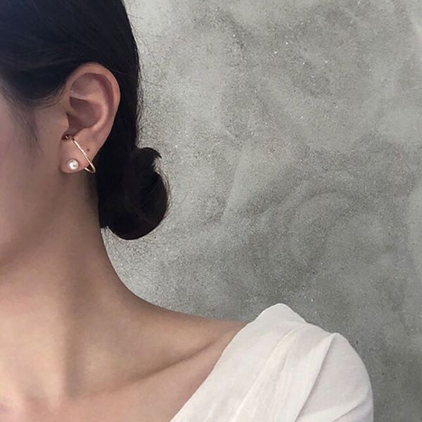 

korean style minimalist silver gold twisted line double side e shape pearl stud earrings for women girl fashion jewelry, Golden;silver