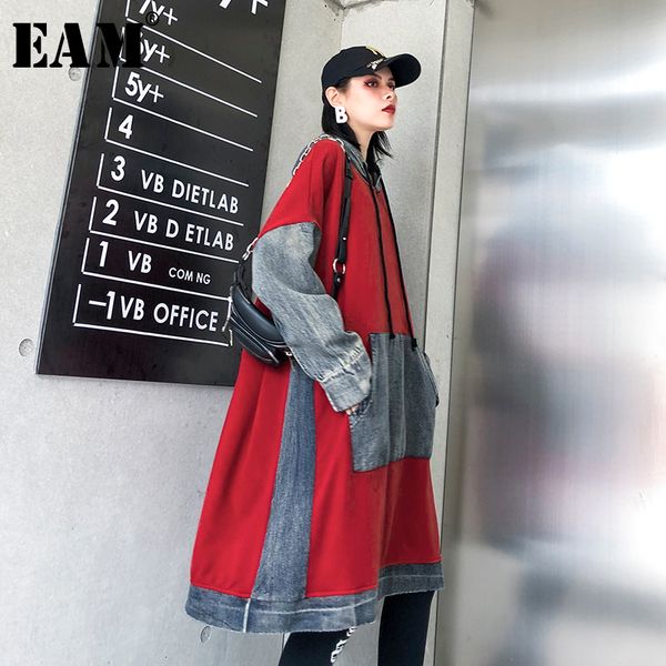 

eam] loose fit red denim split oversized sweatshirt new hooded long sleeve women big size fashion tide autumn winter 2019 1k355, Black