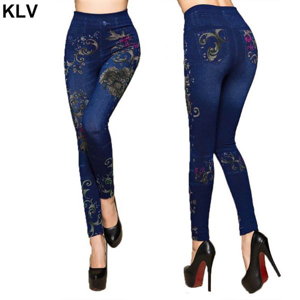 

women faux jeans leggings autumn flowers printed slim cotton seamless pants, Black