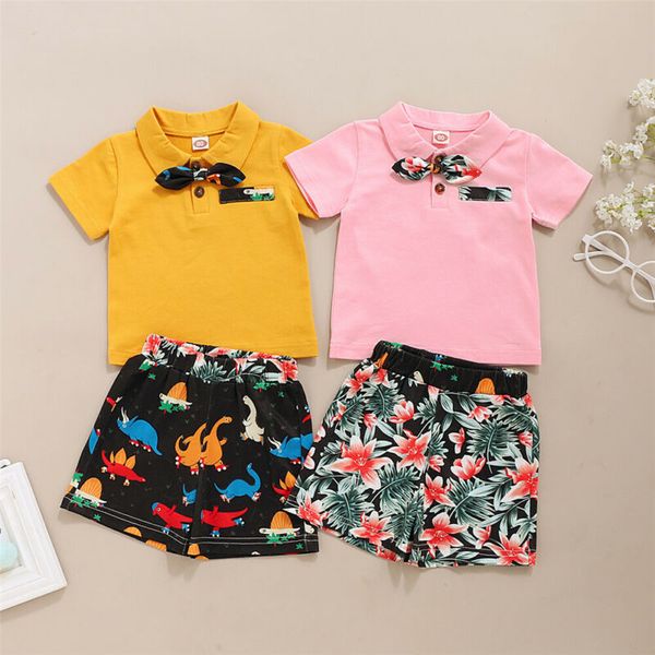 

summer casual kids baby boys clothes sets bow tie t-shirts dinosaur floral shorts 2pcs holiday children boy cotton outfits 0-4y, White