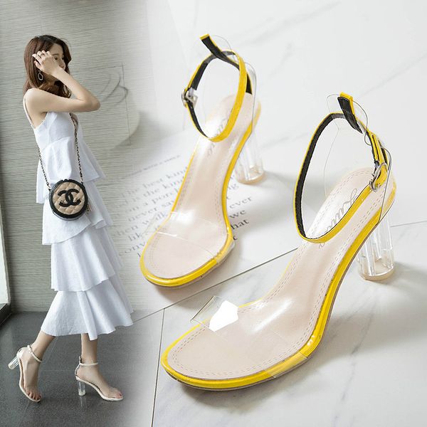 

white transparent high heel women sandals 2020 new summer fashion sandals wild buckle women transparent sandals, Black