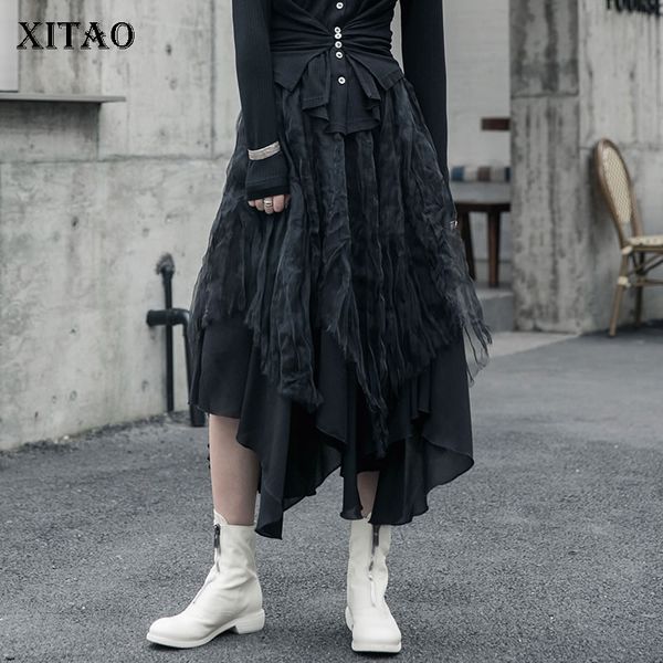 

xitao 2020 spring skirt fashion new women black goddess fan minority patchwork irregular lace minority casual loose skirt xj3854