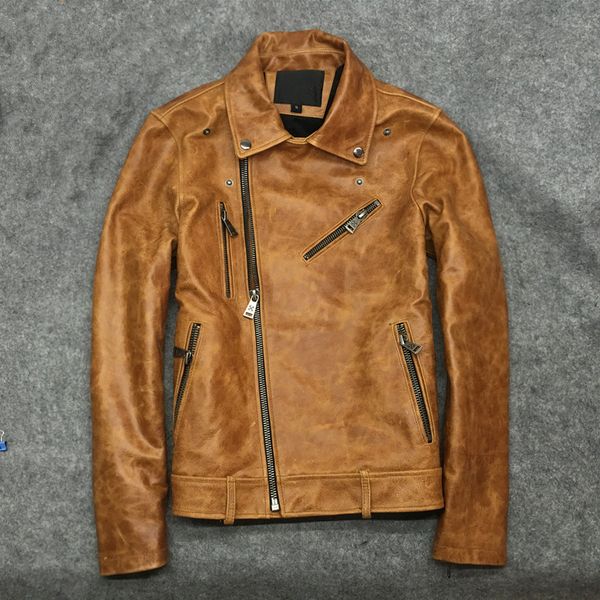 

2019 genuine cow leather jacket men vintage plus size coat wax cowhide yellow mens leather jackets chaqueta cuero hombre kj2276, Black