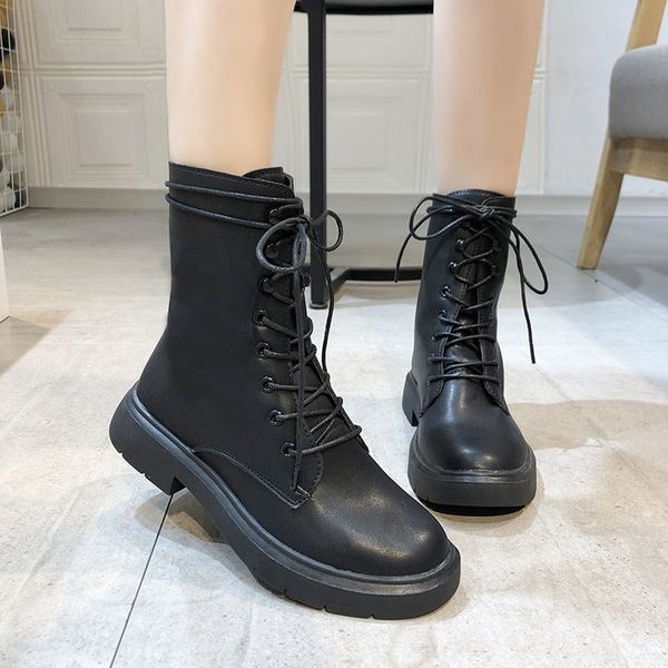 

white mid-calf boots women's shoes platform round toe boots-women luxury designer booties woman 2019 low heel lace up short clog, Black