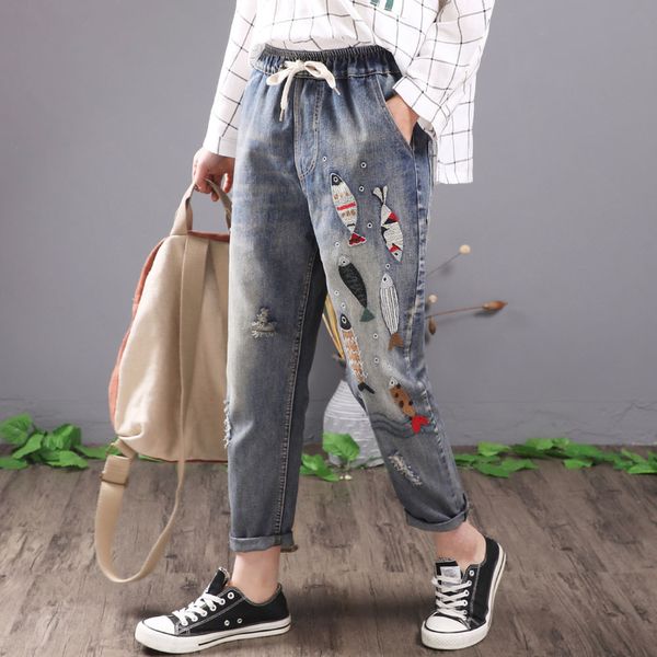 

qpfjqd women vintage fish embroidered jeans ripped cotton denim harem pants casual ladies lace up elastic waist trousers blue