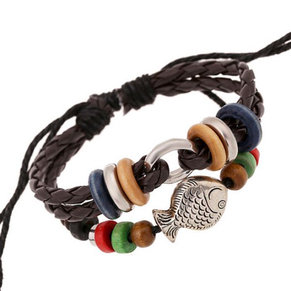 

fashion vintage women girl bracelet cute fish charms wood beads pendant weave wrap leather bangle wristbands casual jewelry gift, Golden;silver