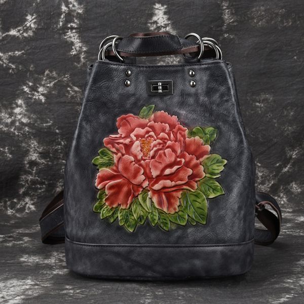 

natural skin daypack rucksack knapsack floral shoulder travel bag vintage embossed women genuine leather backpack