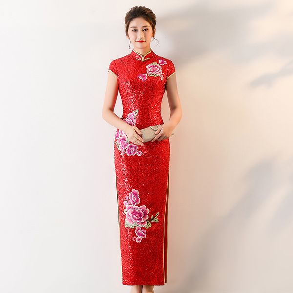 

red women slim cheongsam long party dress sequin mandarin collar elegant prom noble banquet ball gown vestido xs-4xl