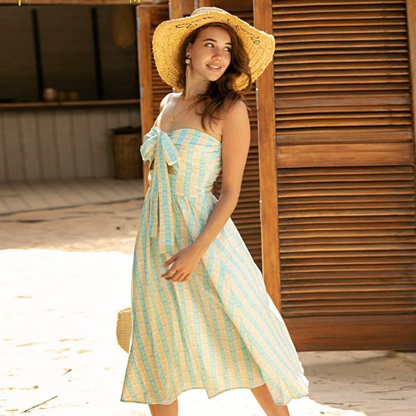 

2020 summer new european and american style women's plaid chest knot hanging neck tube dress, Black;gray