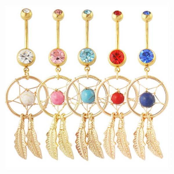 

gold dream catcher feather blue stone navel piercing jewelry belly button rings nickel-316l surgical steel body jewelry wholesale, Silver