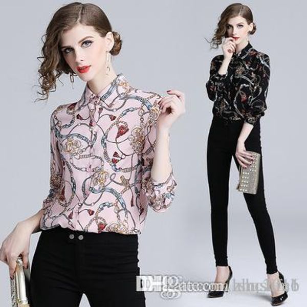 

женская рубашка повседневная хепберн ветер летняя мода отворотом рубашки поло воротник печати тонкий с длинным рукавом джокер с длинным рука, White