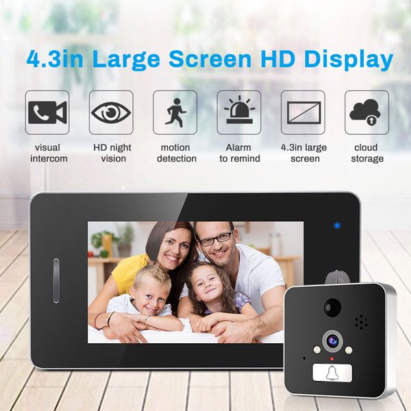 

4.3inch display ultra wide angle door viewer wifi wireless apps doorbell hd960p video recroder motion detector anti theft