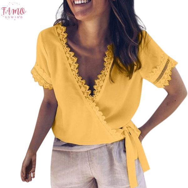 

lace tshirt women v neck women bandage solid t shirt women short sleeve with lace casual summer 2020 g6, White