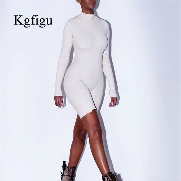 

kgfigu rompers womens jumpsuit 2019 autumn white ribbed combinaison femme long sleeve knitting playsuit cotton fabric streetwear, Black;white