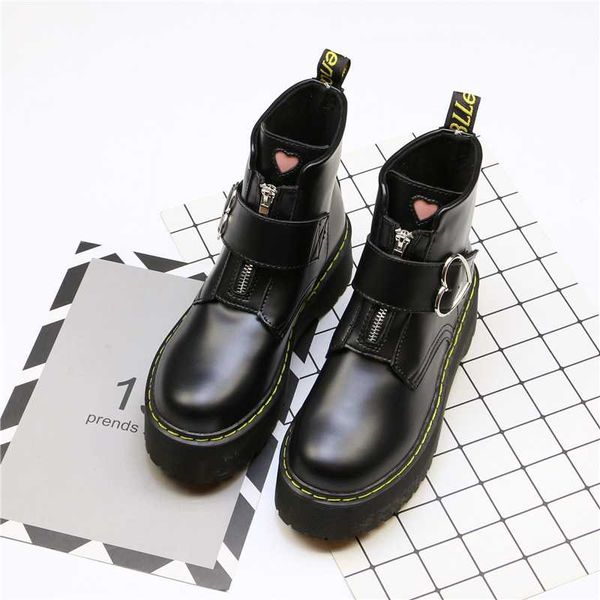 

spring autumn motorcycle boots women fashion love heart round toe platform wedges combat boots ladies shoes botas mujer b12-07, Black