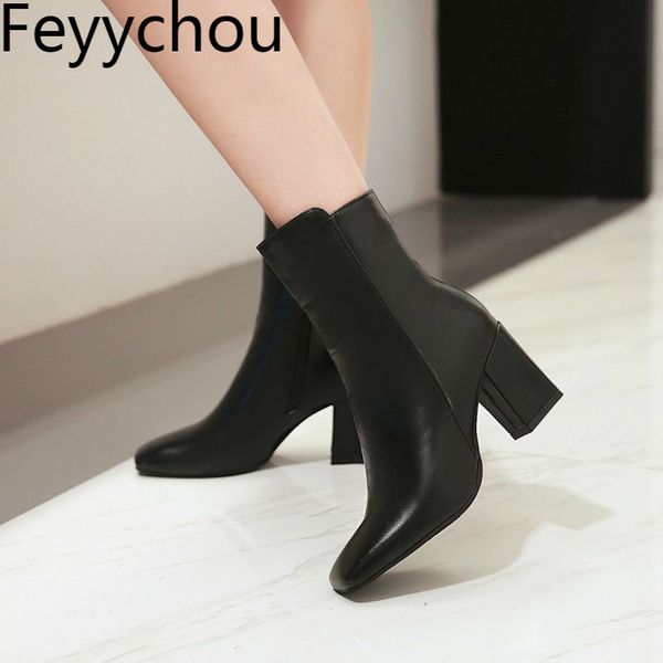 

women boots autumn winter warm ankle shoes pu high heel zip square toe motorcycle fashion wedding black red white size34-43