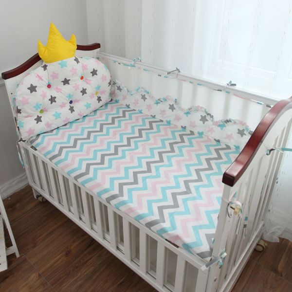 

customized size baby bedding set 5pcs baby bed linens set crown backrest cushion in cot crib mesh protect bumpers +flat sheet
